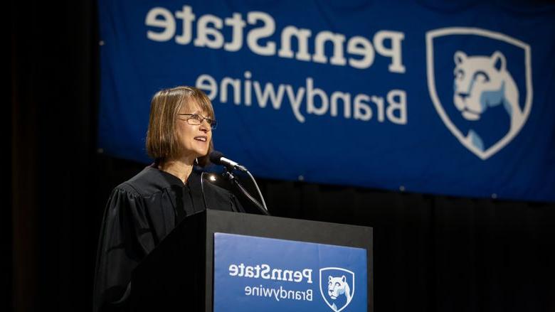 Elizabeth Killough speaking at Penn State Brandywine's commencement ceremony.